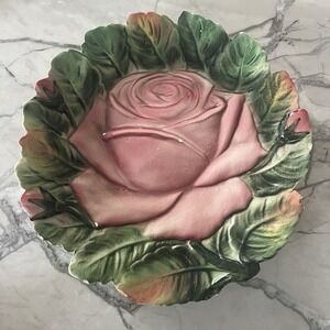 Beautiful Italian Majolica Plate Pink Rose Stamped And Numbered